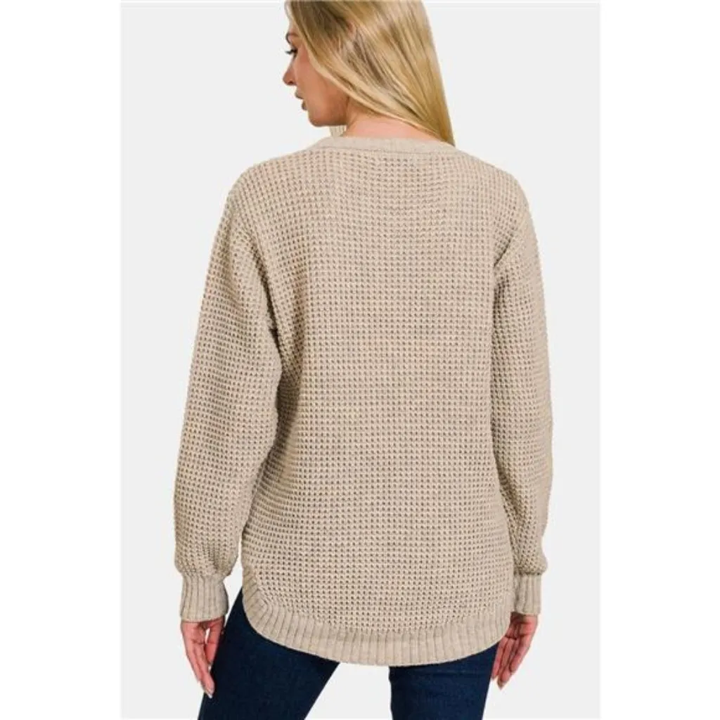Zenana High Low Long Sleeve Waffle Sweater - Image 2