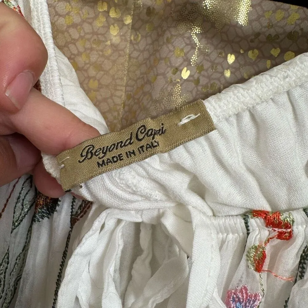 Beyond Capri White Floral Embroidered Silk Viscose Spring Blouse Large White - Image 4