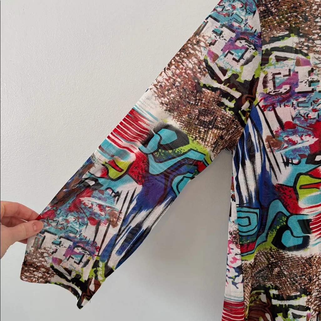 Vintage 90s Mesh Top Size Med Ruffle Hem Grunge Lightweight Geometric Patchwork - Image 7