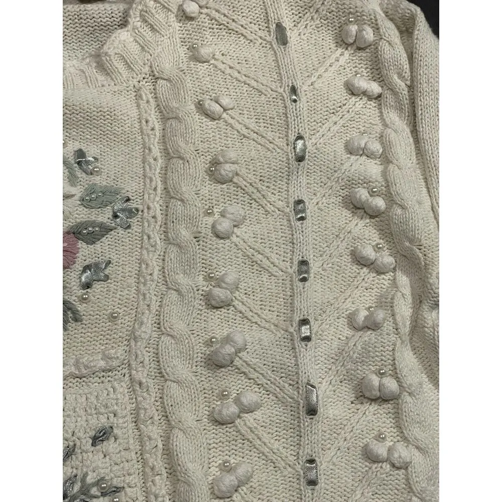Vintage 90s Dana Scott Sweater Flowers& Roses Patchwork Cream & Pink Size M D204 Size M - Image 6