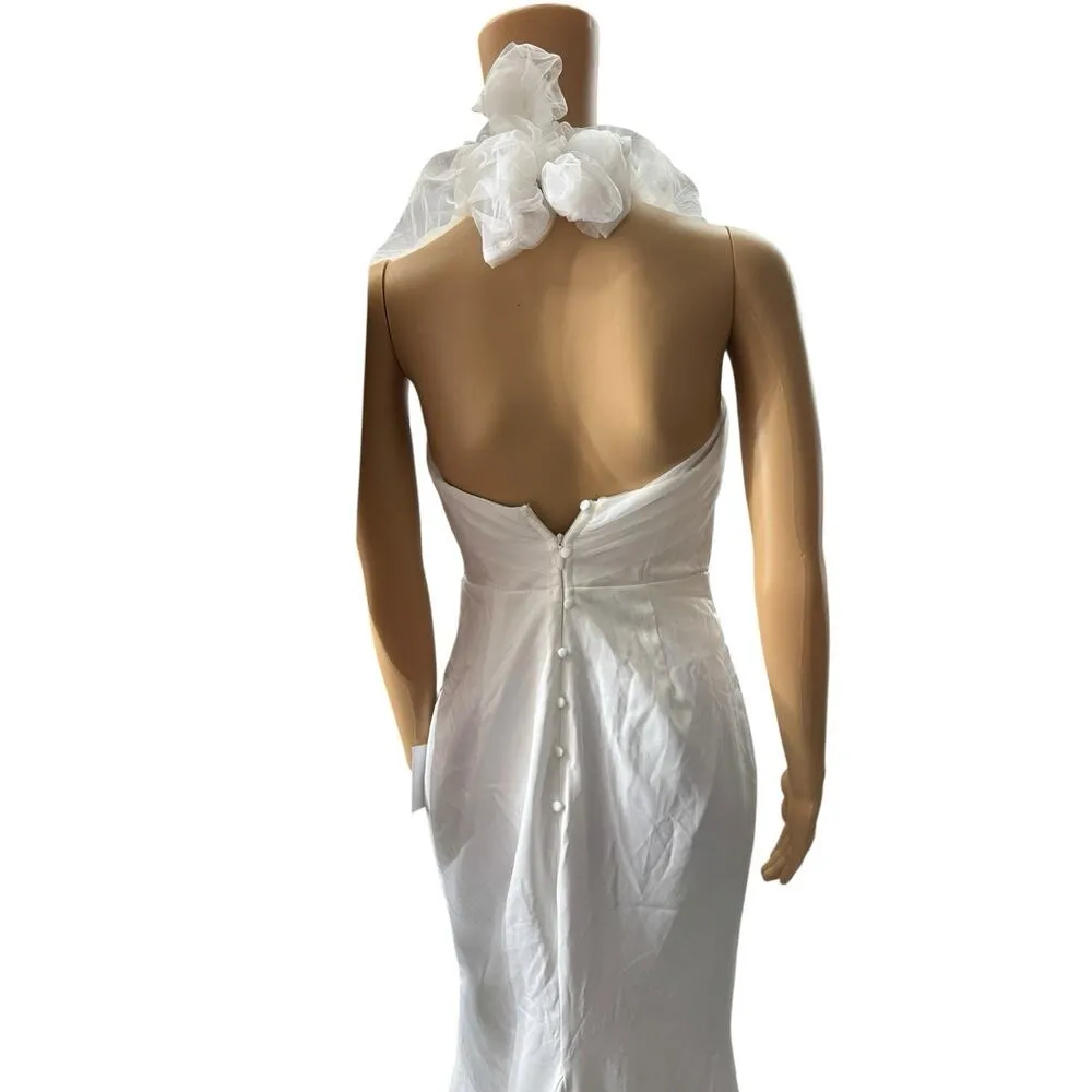 Lulus White Wedding Dress Size Small NWD Train Button Back Tulle Halter Neckline - Image 7