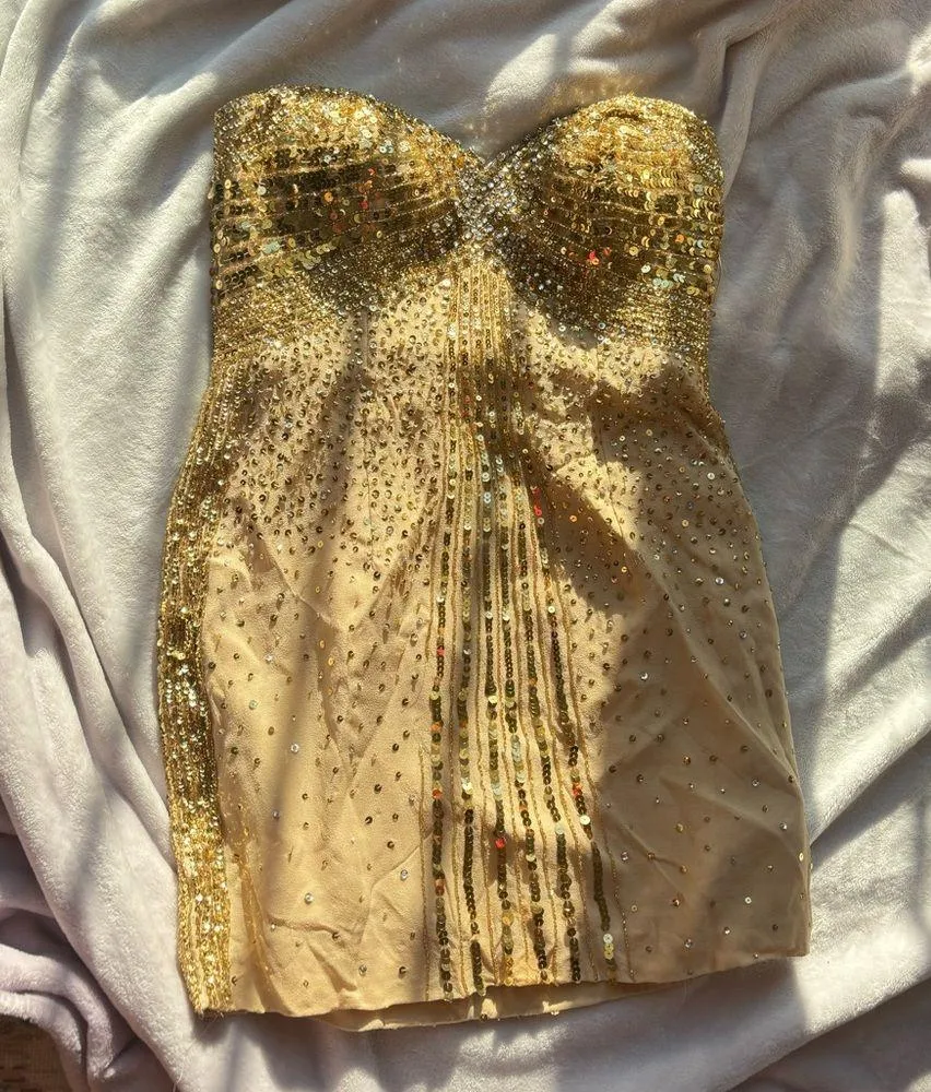 Basix Black Label Gold Sequin beaded embellished silk stone Strapless mini Dress Size 4 - Image 16