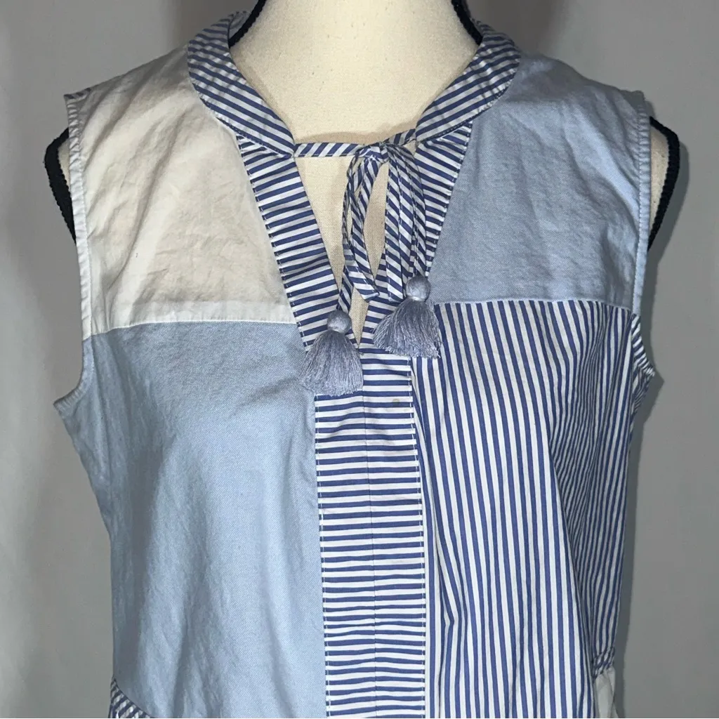 Vineyard Vines Sleeveless Tank Patchwork Chambray Stripe Tassels - Image 2