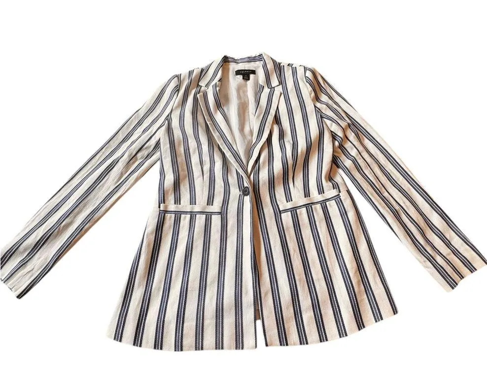 Halogen Linen Blend Izzy Blazer XS Petite Blue White Striped One Button Jacket - Image 4