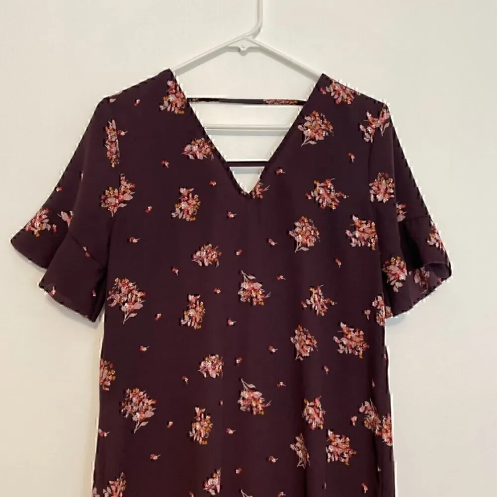 MAURICES Floral Bar Back Shift Dress Plum Purple Multi Short Sleeve Mini Fall S - Image 3