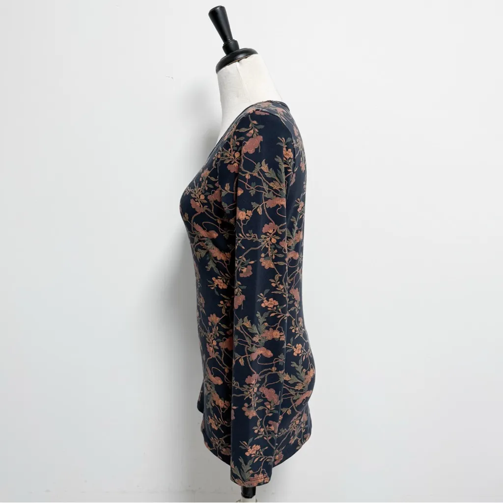 Peruvian Connection Navy Blue Orange Floral Long Sleeve Knit Slim Fit Top Medium - Image 3