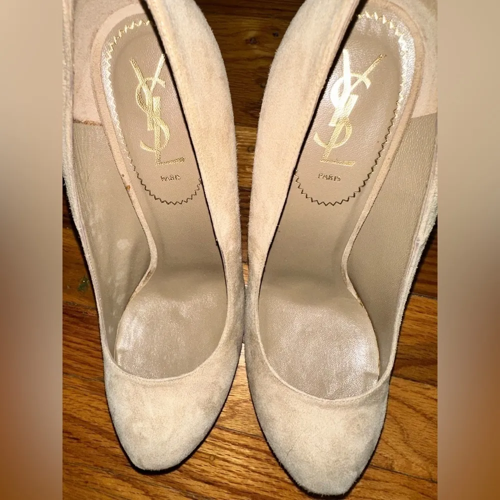 YSL Yves Saint Laurent Tribtoo Beige Suede Platform Pumps Heels - Image 13