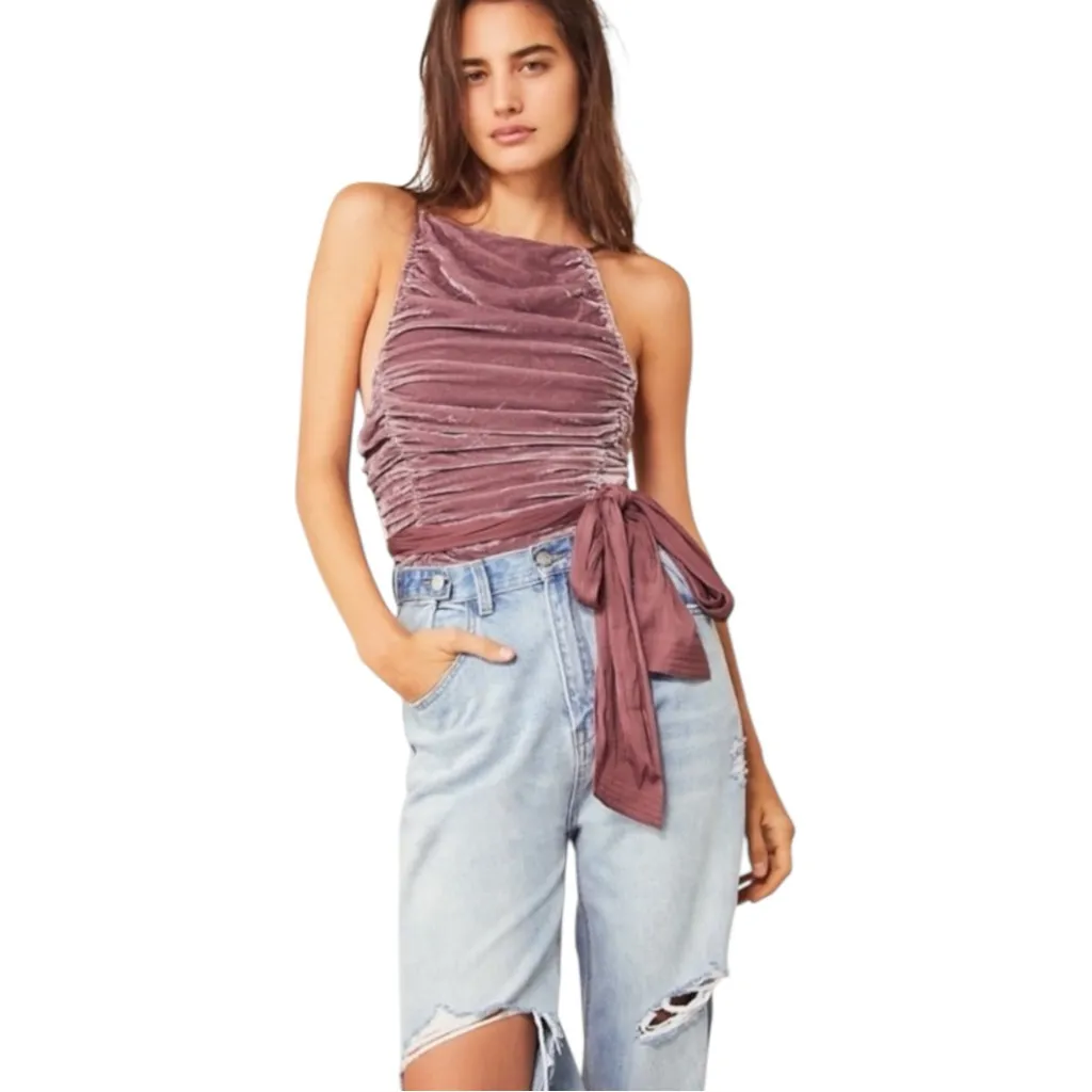 Free People Real Love Velvet Ruched Romantic Sash Tank Fern Green Size Large New - Image 2