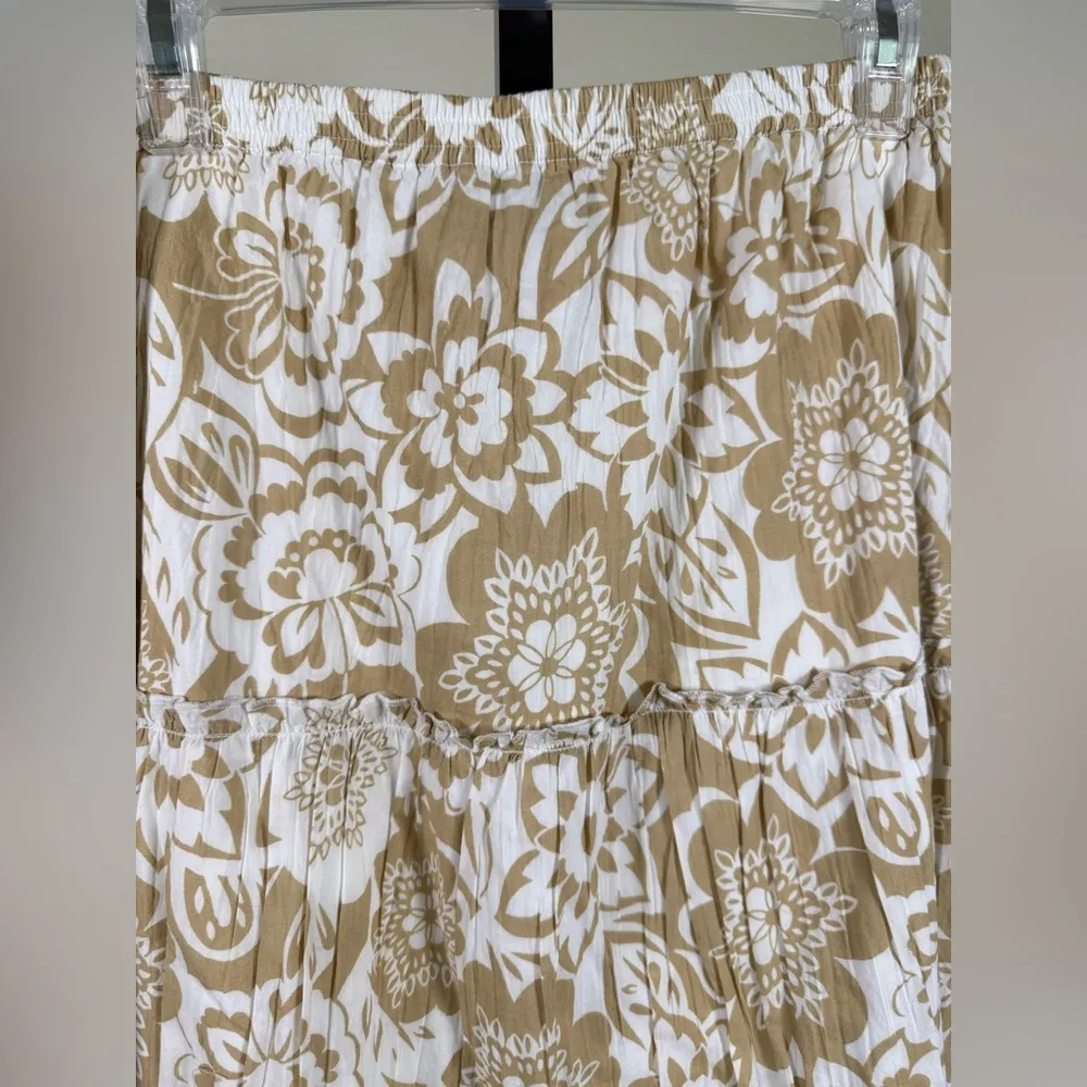 Neutral Floral Crinkle Skirt Large Cotton Tiered Lightweight Boho Midi Skirt New - Image 2