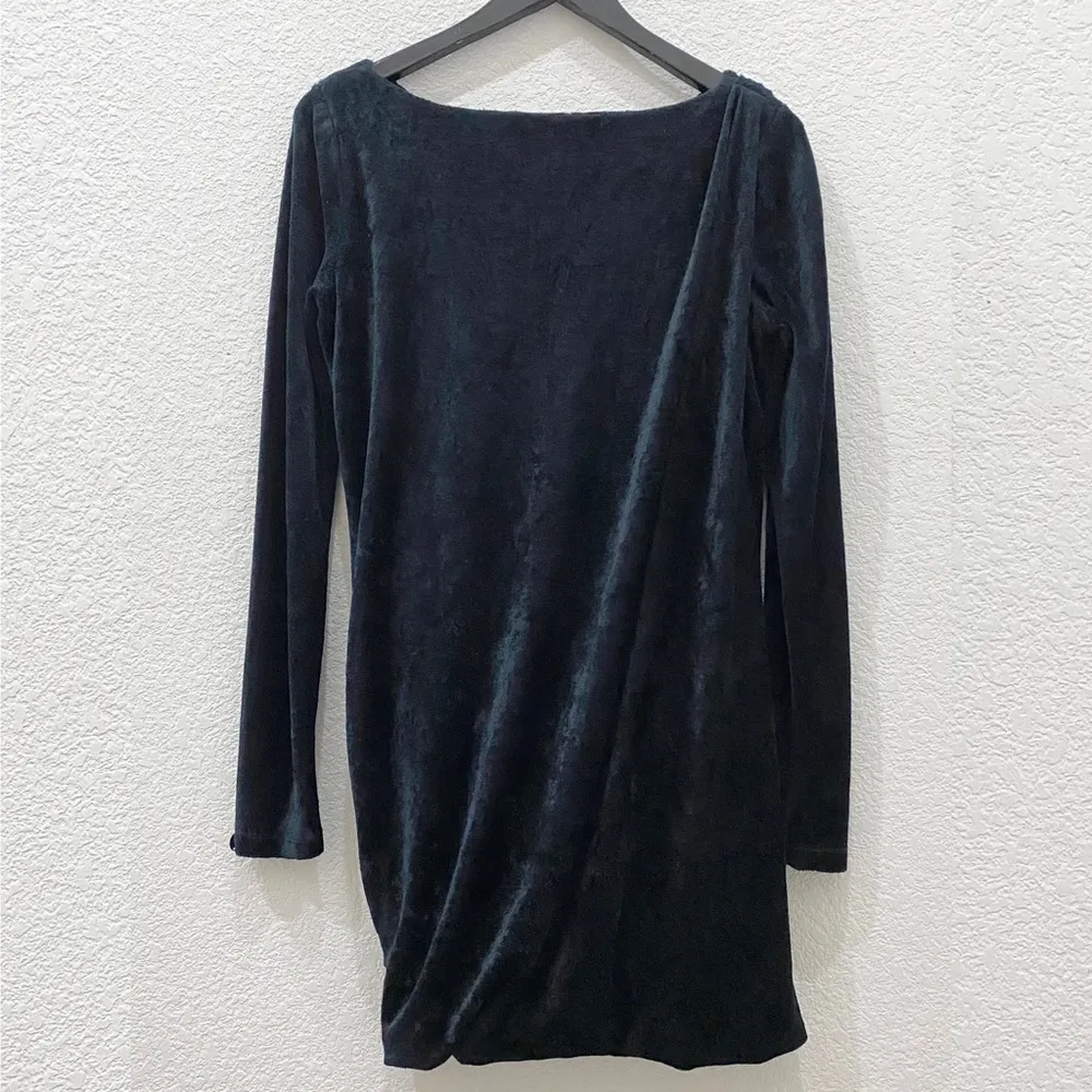 Black Velvet Velour Draped Shoulder Long Sleeve Dress Size M - Image 7