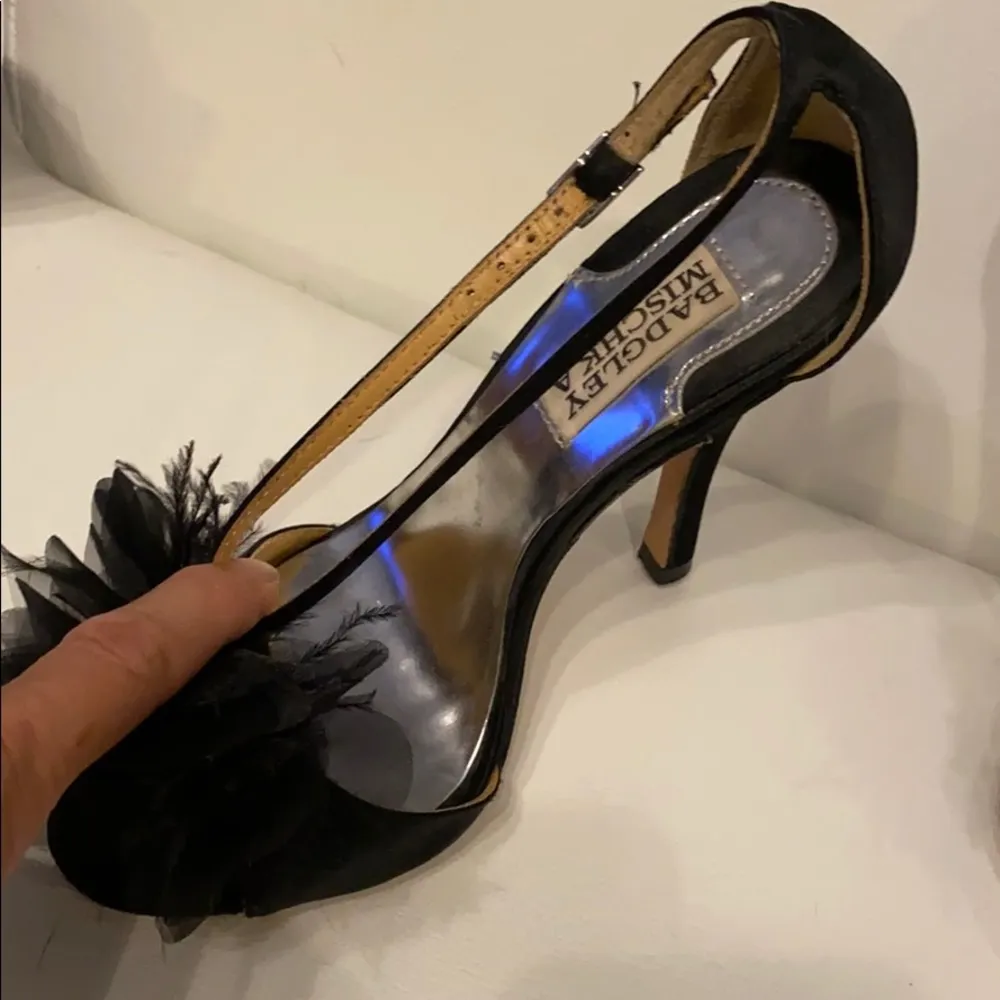 Badgley Mischka Satin Bow Fearher Heels - Image 3