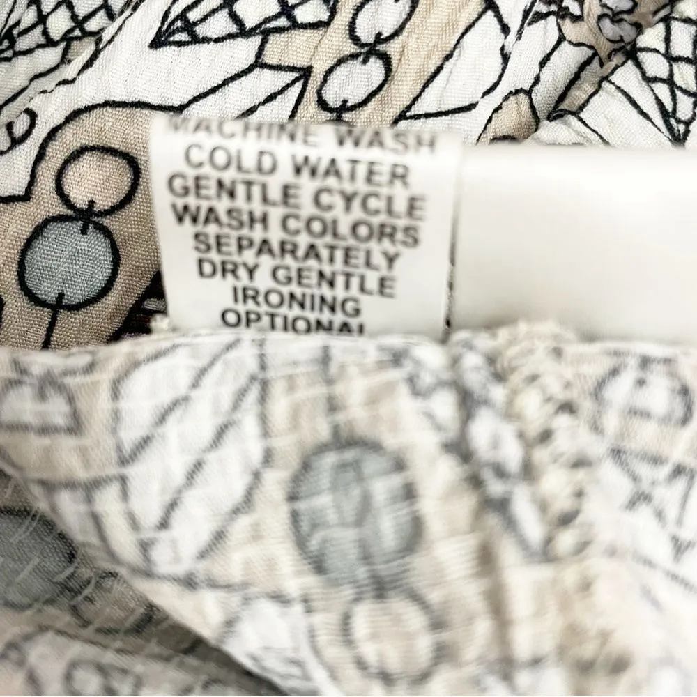 Flax Crinkled Camp Shirt Mod Print Neutral Dodo Button Front Top Size Medium - Image 9