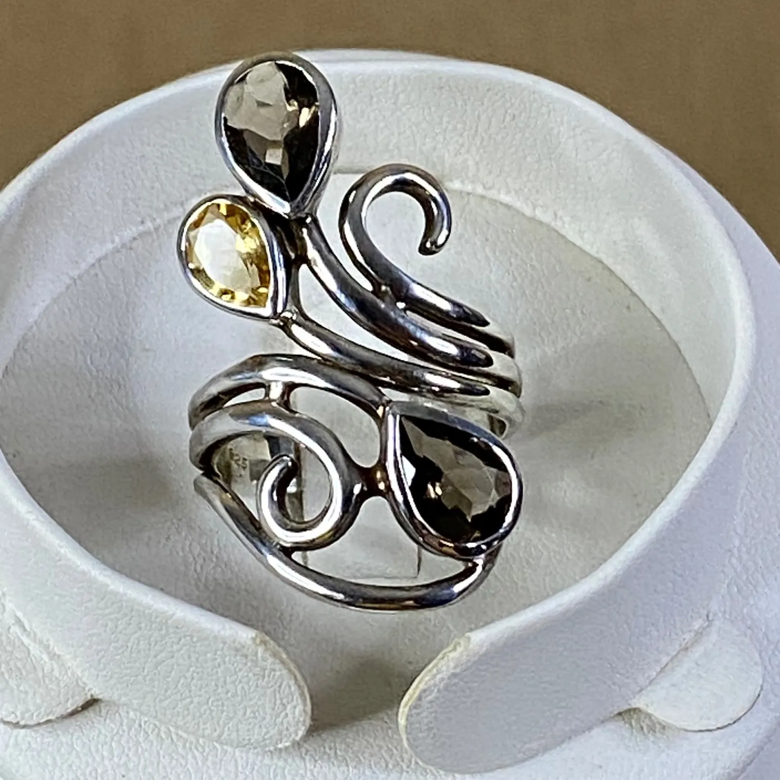 Genuine Smoky Quartz & Citrine Swirl Design Modern‎ Ring 1.83CTW Cocktail Sz 10 Silver - Image 2