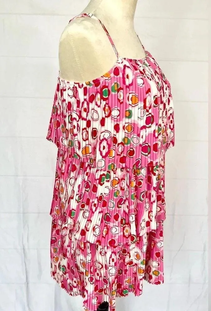 TCEC Pleated Tiered Circle Print Mini Dress Spaghetti Strap Pink Red White M - Image 8