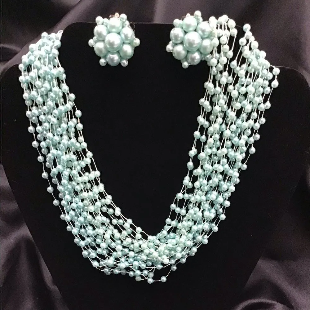 VTG ‘60s Baby Blue Multi Strand Choker and Matching Clip Earrings - Image 9