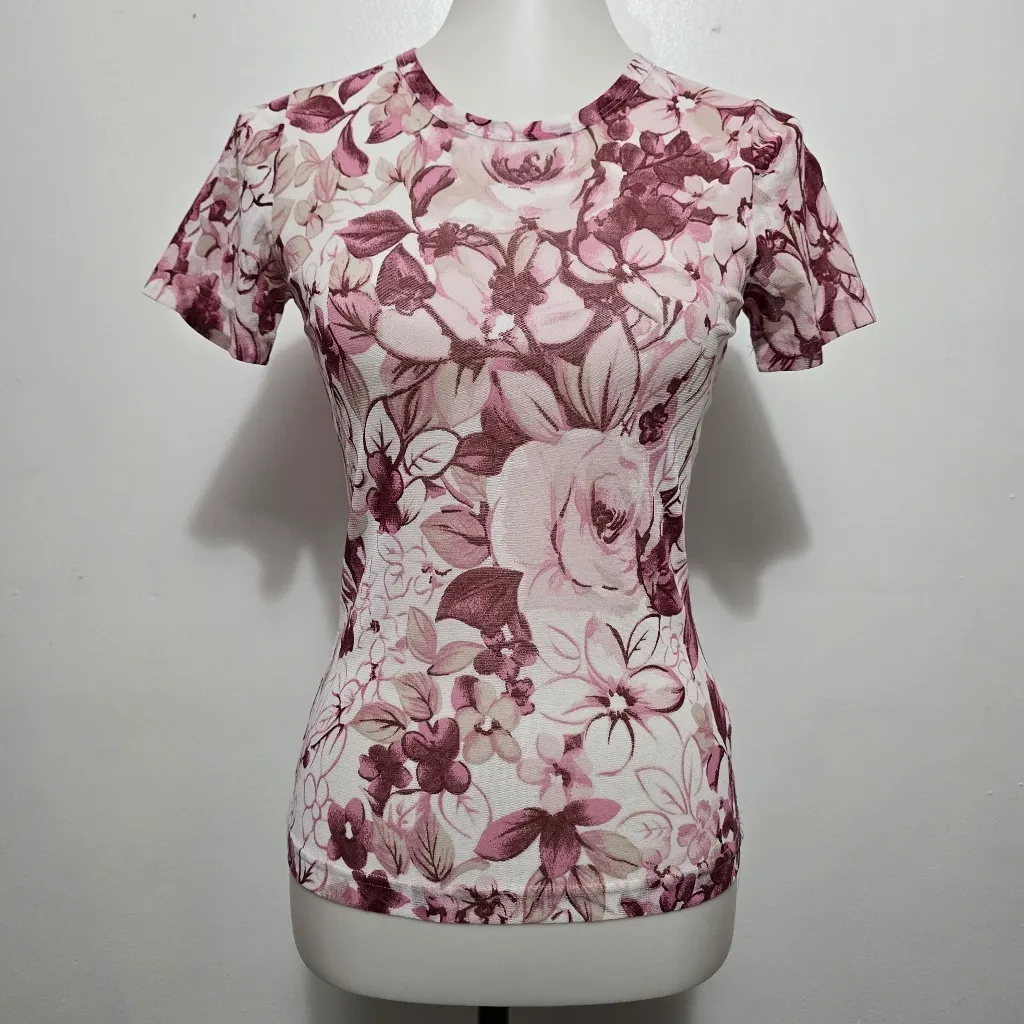 Karen Kane Burgundy Fitted Sheer Floral Top Medium Stretchy Y2K Mesh Feminine - Image 2