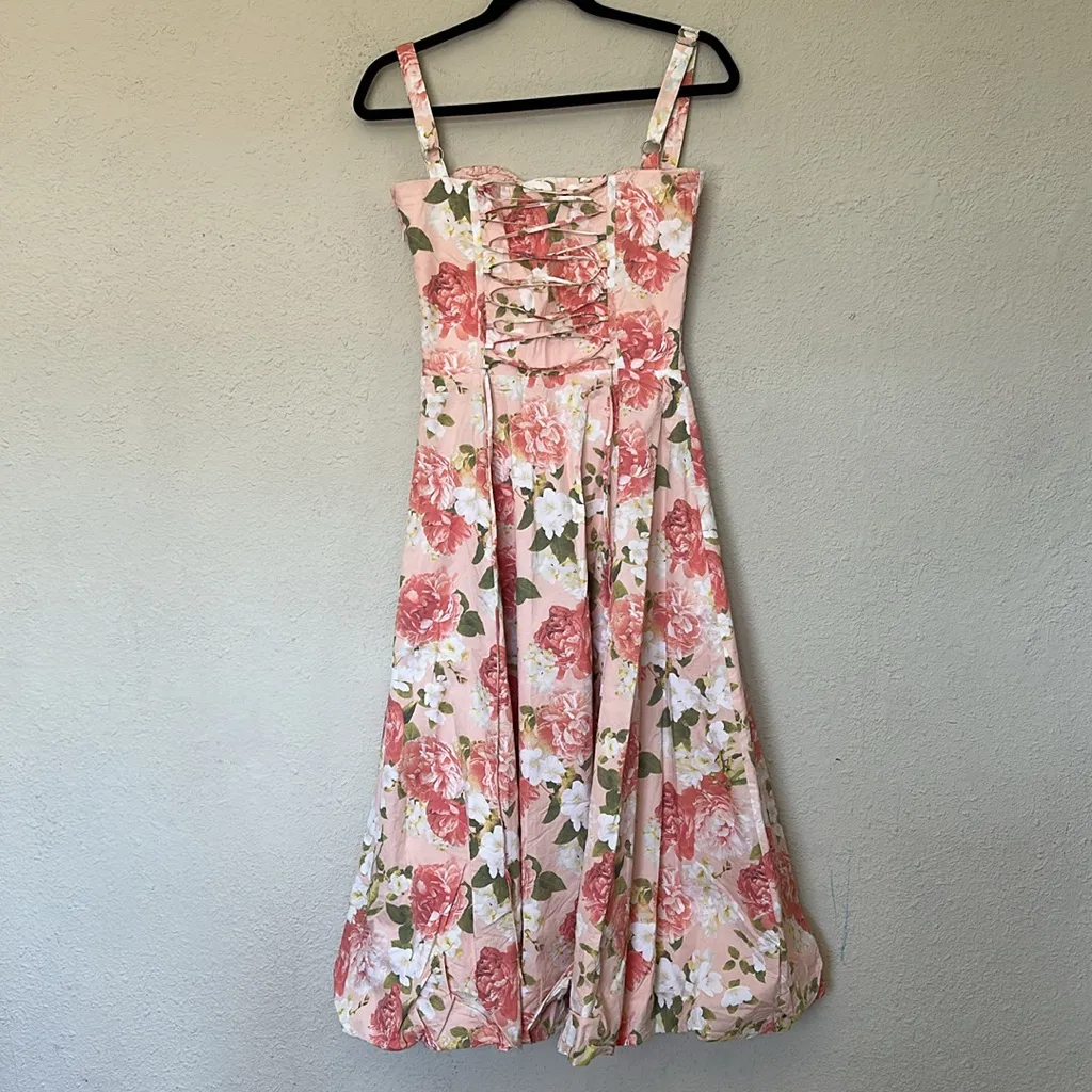 HOUSE OF CB 'Carmen' Pink Peony‎ Print Cotton Bustier Sundress NWOT Size M A-C - Image 7