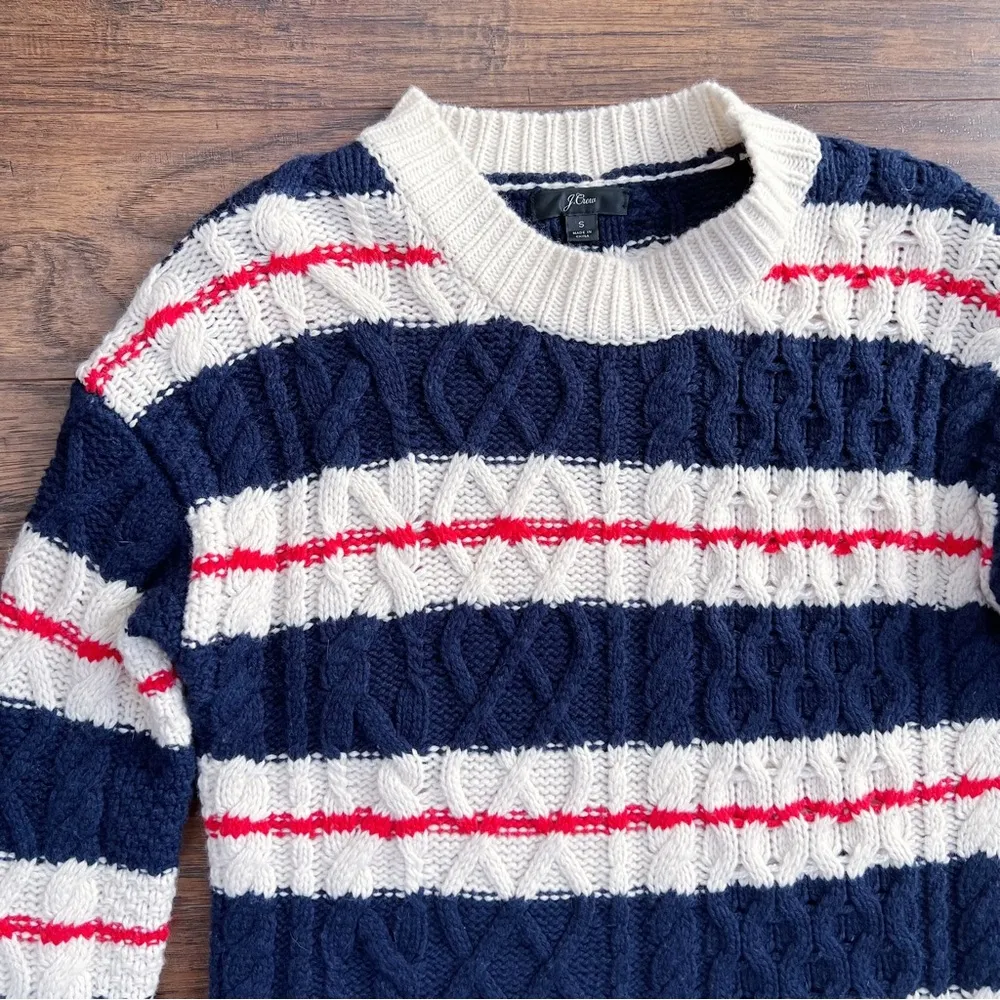 J Crew • Gabby Striped Cable-knit Sweater tunic merino wool navy cream red - Image 6