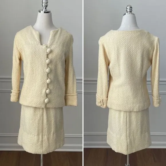 Vintage 60s  Jackie O Kennedy Skirt Suit Jacket Cream XS S - Image 2