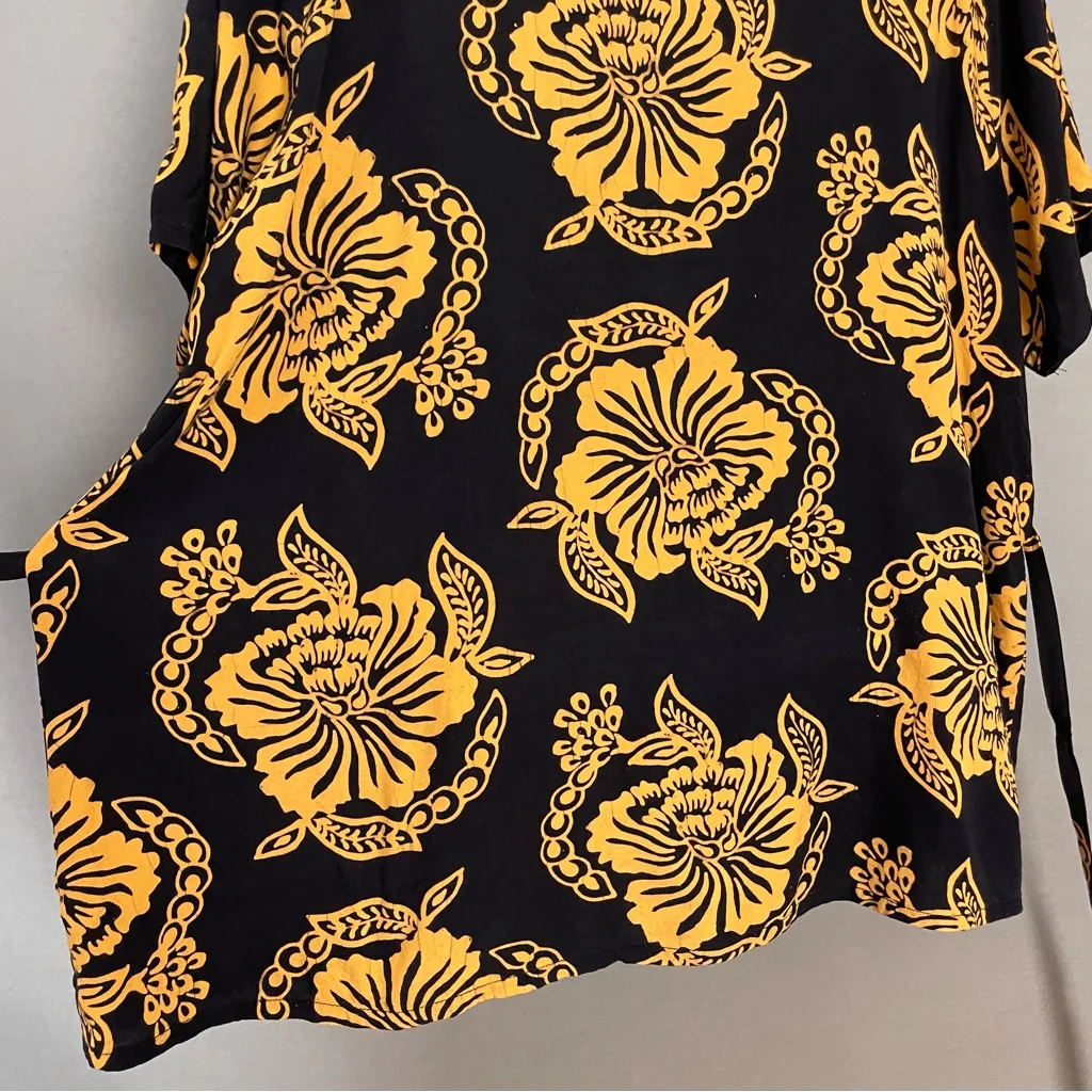 Tropical Blouse Square Neckline Floral‎ Short Sleeves Tie Back Women Black Size L - Image 9