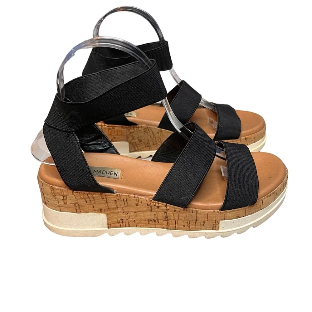 Steven Madden Beladonna Women's Black Strappy Sandals Stretch Cork Platform - Image 6