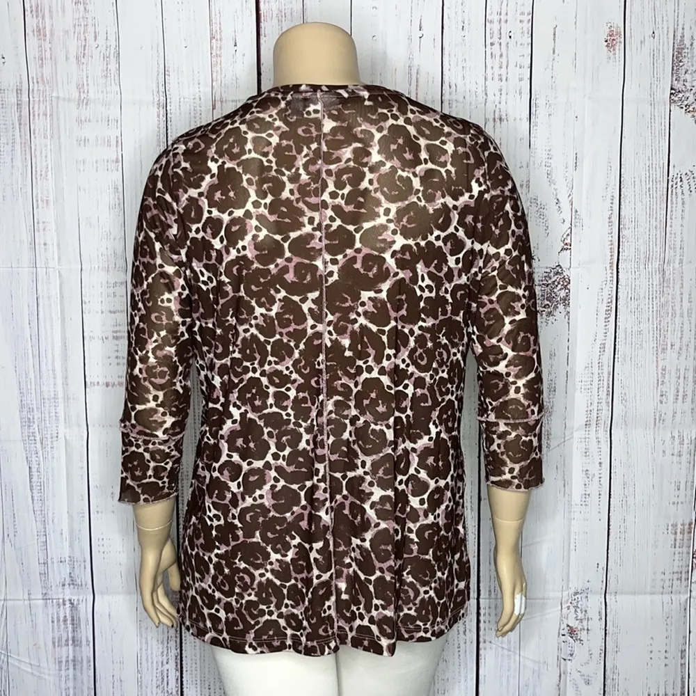 LOGO Layers Lori Goldstein Size XL Brown & Purple Leopard Print Mesh Blouse Top - Image 3