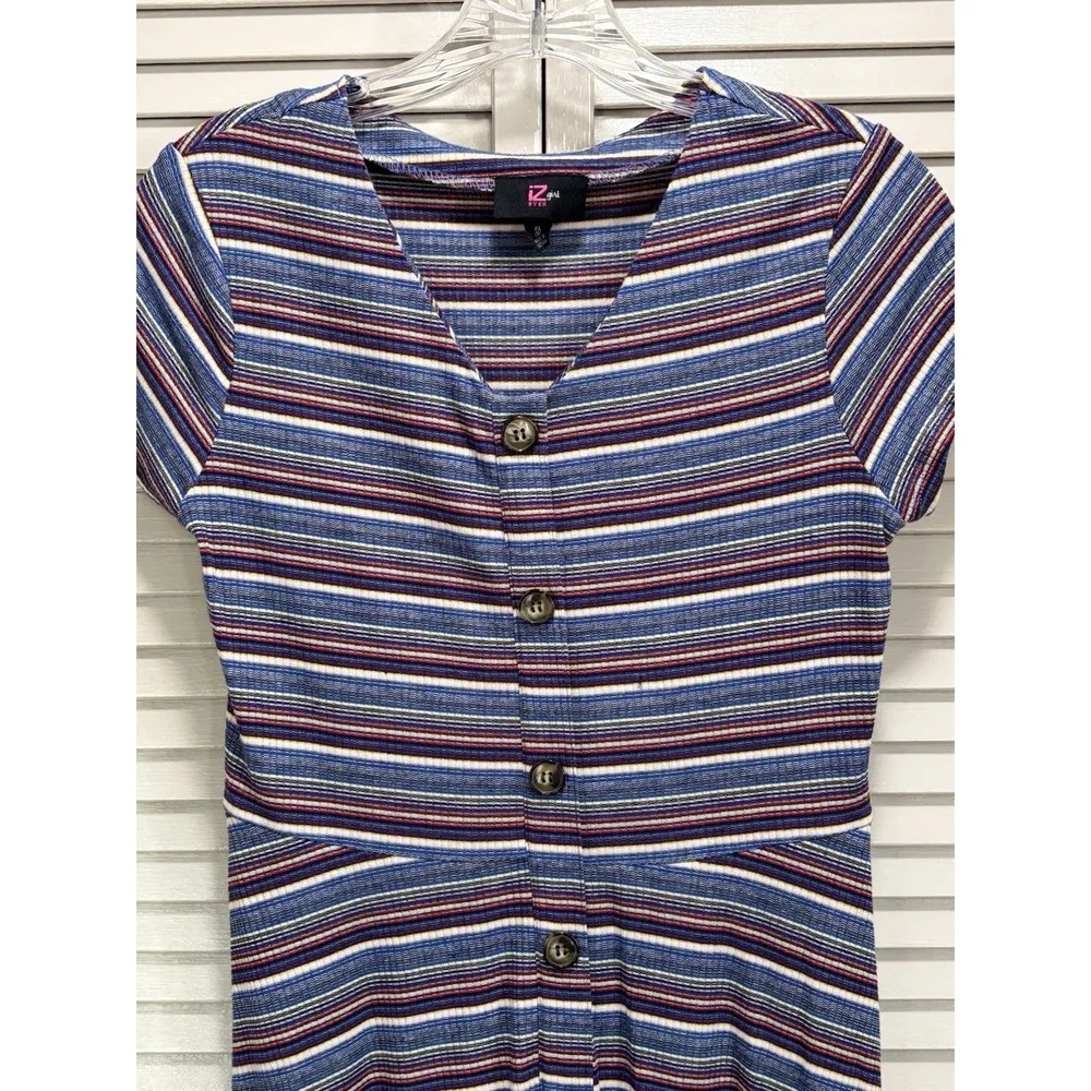 IZ Byer Girl Blue/Multi Striped Dress Junior XL Short Sleeve V Neck Faux Buttons - Image 2