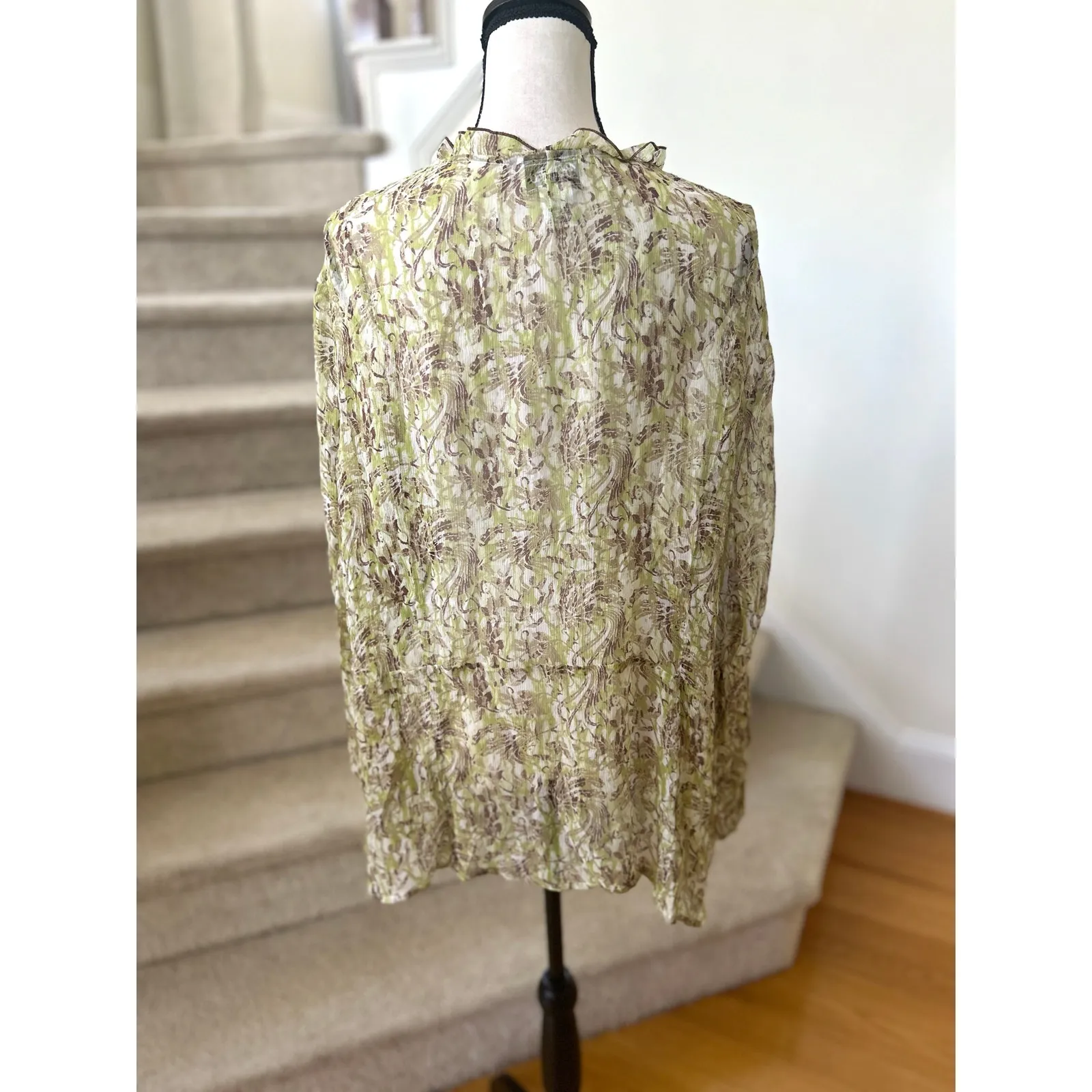 Vintage Y2K Bob Mackie Green White Brown SHEER Silk Boho Whimsigoth Fairy Blouse - Image 4