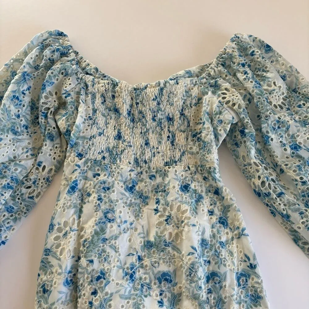 En Saison Claire Floral Blue Eyelet Open Front Long Sleeve Mini Dress Sz Medium - Image 9