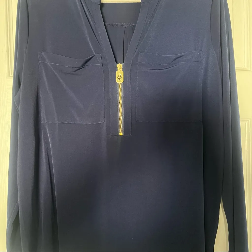 Michael Kors Navy Blue Women’s Blouse with Gold Zipper XL - Image 3