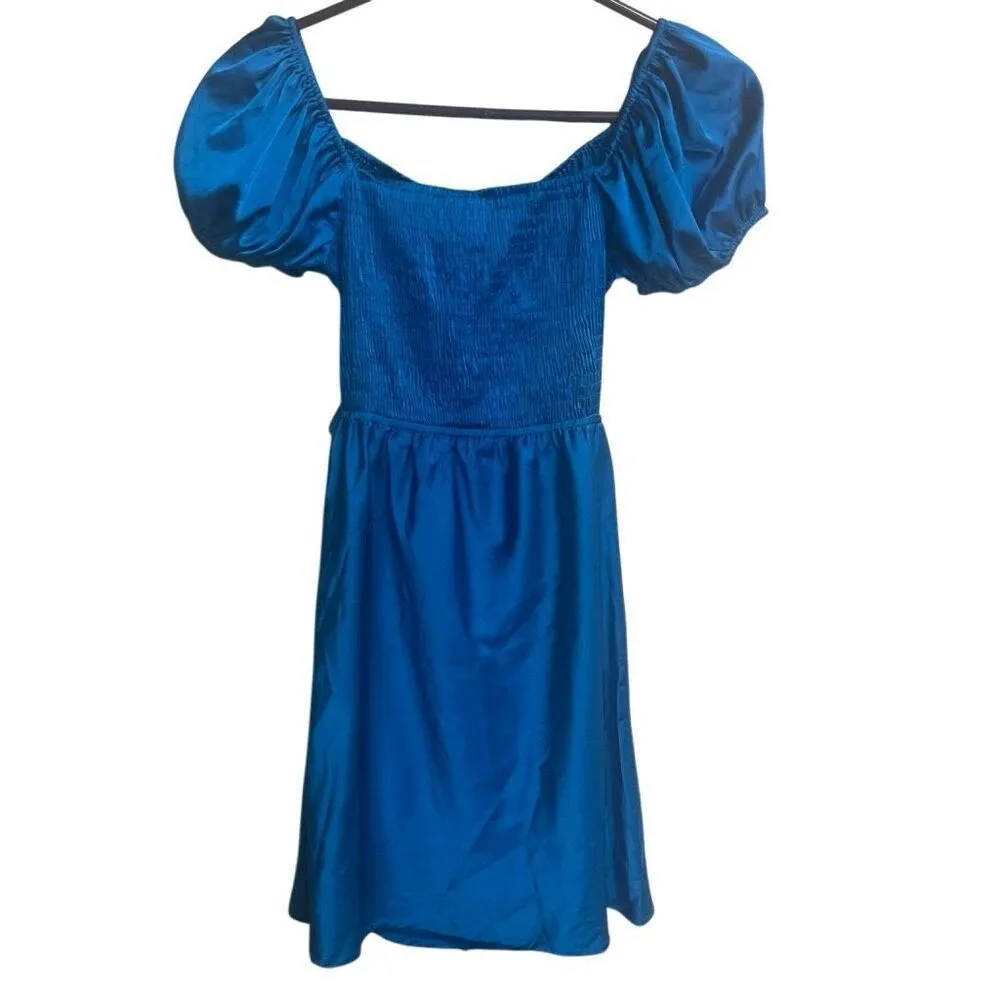 603. Princess Polly Nakita Blue Satin Puff Sleeve Cut Out Dress 4 - Image 3