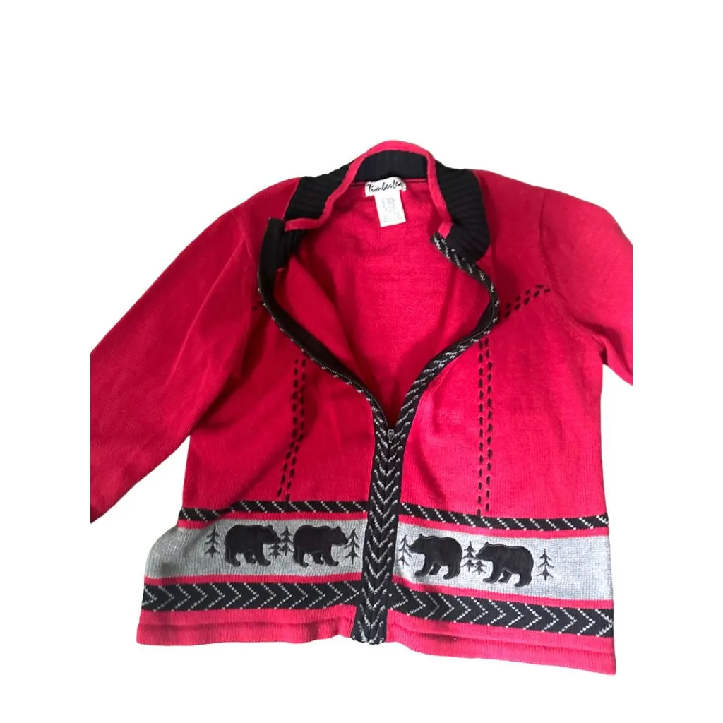 Timberlea Women's Red Black Bear Motif Cardigan Sweater XL - Image 6
