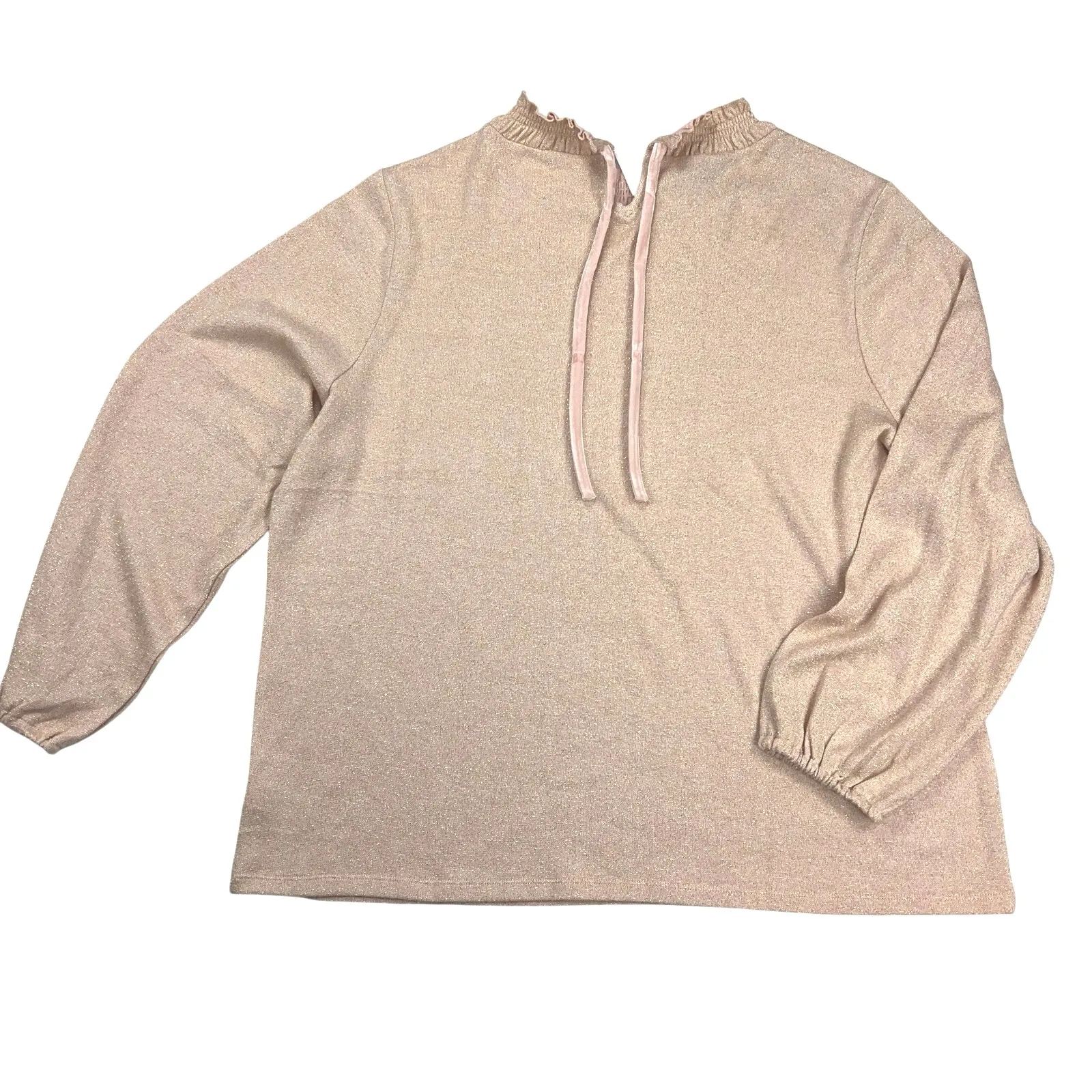 Talbots  Tie Back Smocked Shimmer Ruffle Neck Blush Pink Sweater Top Size 2X - Image 4