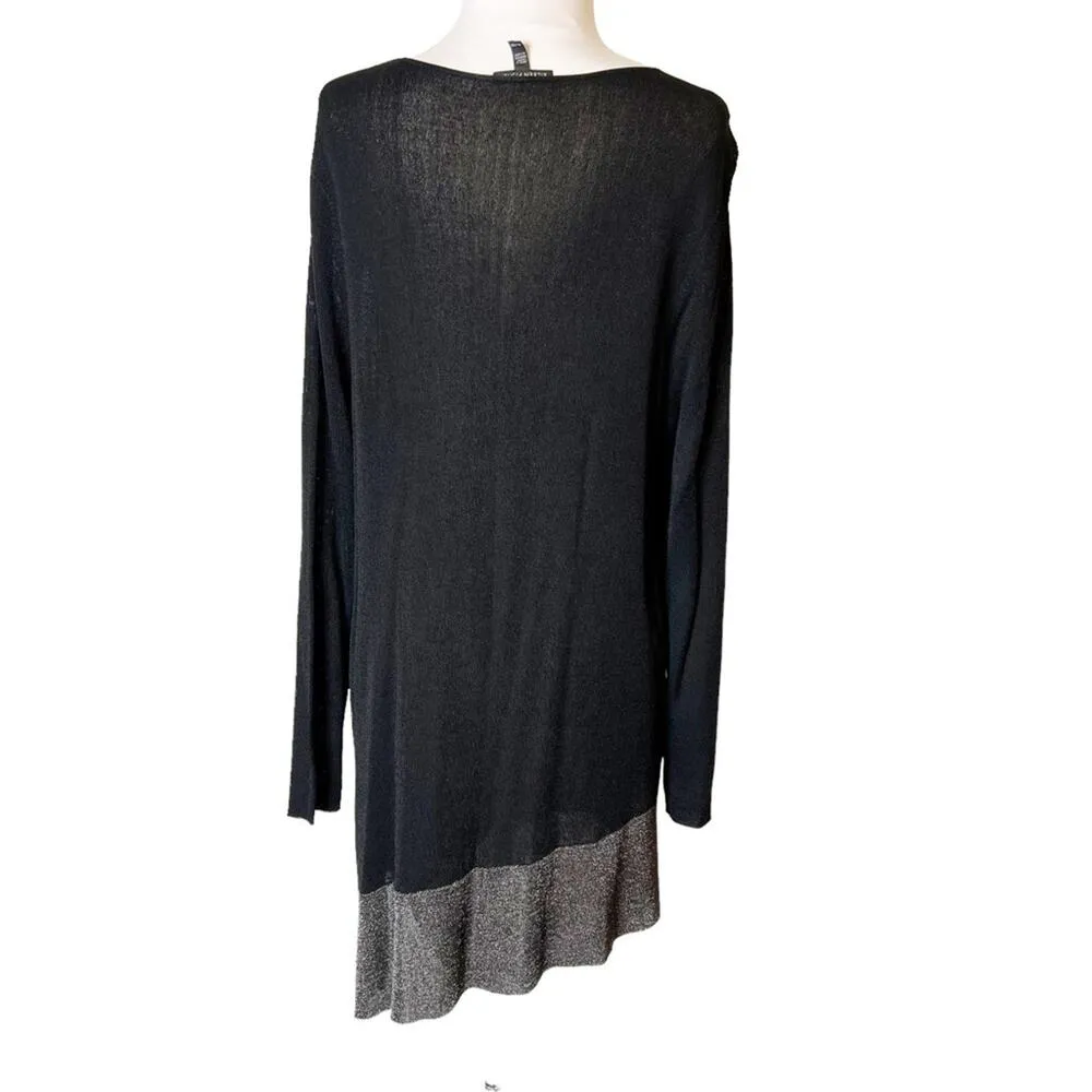Eileen Fisher Black silver Rayon Nylon Crinkle Round Neck Tunic asymmetric sz XL - Image 3