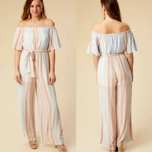 Altar'd State Striped Camellia Jumpsuit Size Large Striped Balloon Sleeve belt - Image 2