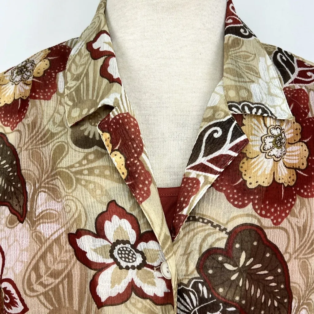 Alfred Dunner Sz 8 2 For 1 Top Blouse Autumn Floral Colors Button Front w/ Cami Orange - Image 2