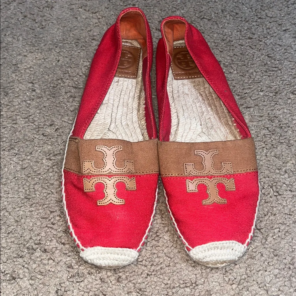 Tory Burch Jamie Woven Canvas Espadrille Red Canyon Tan Logo Flats 10 - Image 3