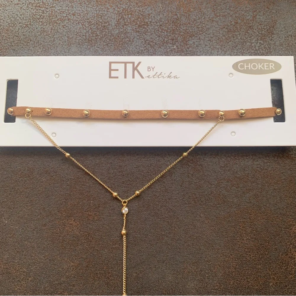 Revolve Ettika Brown Vegan Leather and Gold Plated Choker w/ Gold Pendent - Image 3