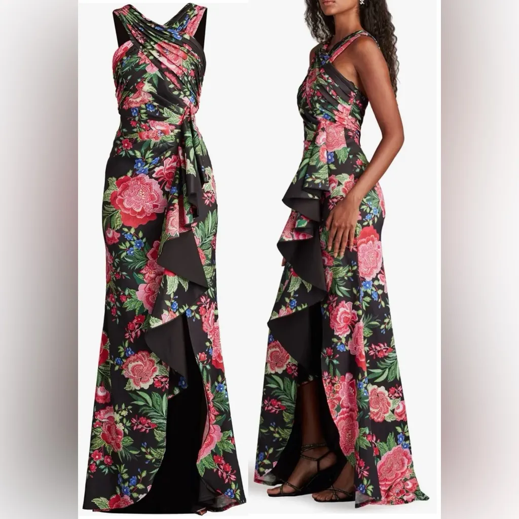 NWT Tadashi Shoji Elarra Floral Waterfall Flounce Gown Sz M - Image 3