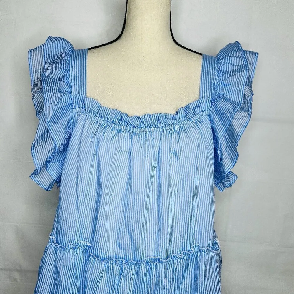 THML Blue White Babydoll Dress Ruffle Tiered Sleeveless Lined Women's Size L - Image 2