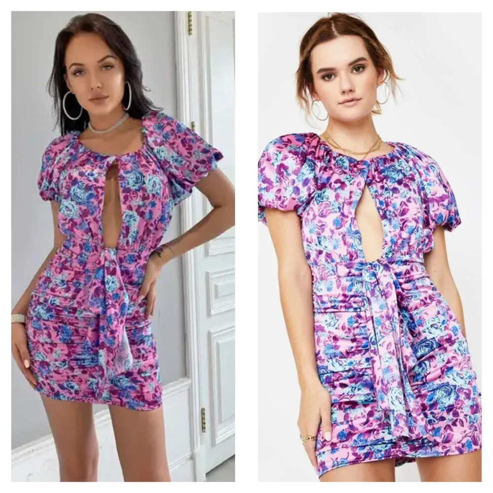 For Love & Lemons Tahiti Ruched Mini Dress Small Purple Floral Satin Cottagecore - Image 3