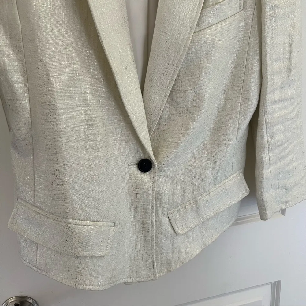 Smythe Metallic Linen Cream Blazer One Black Button | Size 2 - Image 7