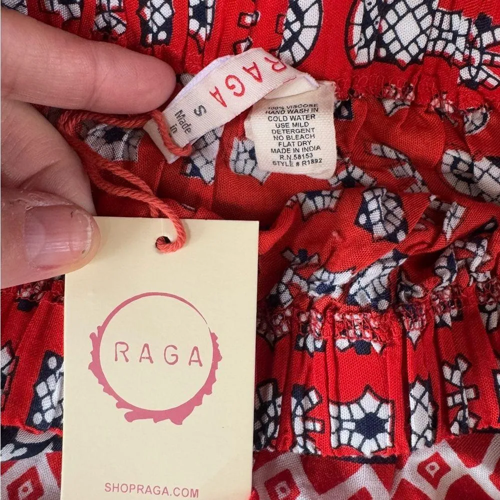 Anthropologie Red Blue Patterned Boho elastic waist Skirt skater mini - Image 4