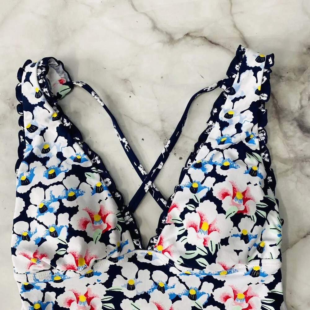 Anne Cole Studio Womens Navy Blue Floral Top Ruffle Strappy Back New XS - Image 3