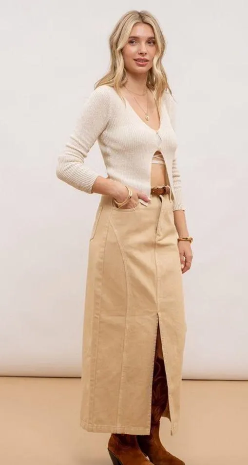 Denim Beige Hem Split Maxi Skirt Tan Size L - Image 5