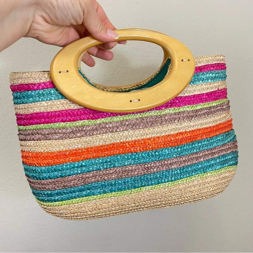 MULTICOLOR STRIPED SMALL STRUCTURED STRAW SUMMER‎ PURSE Pink - Image 3