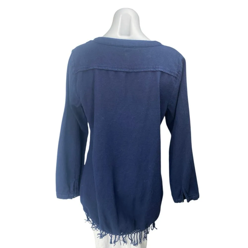 Calypso Women's Blue Long Sleeve Fringe Button V - Image 2