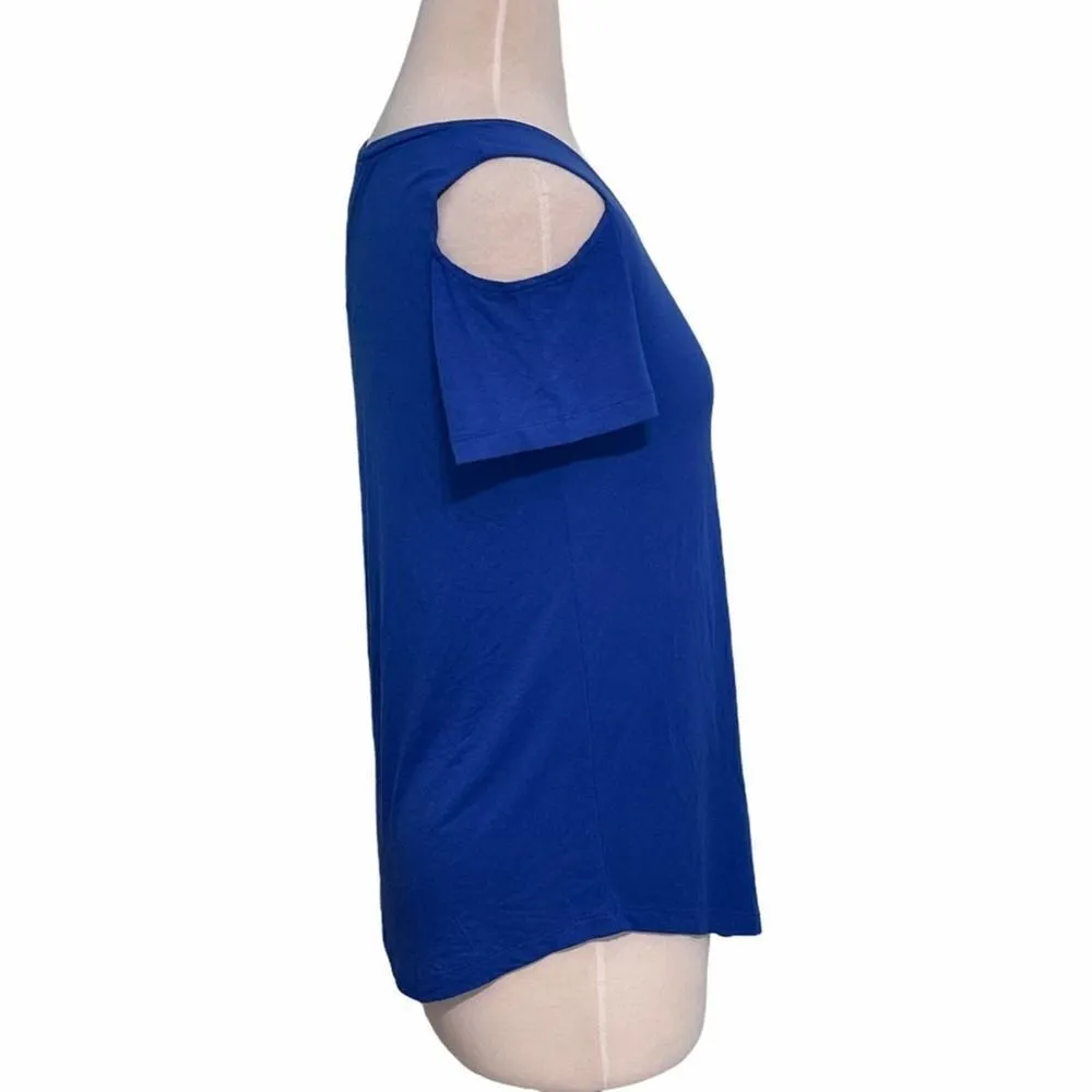 JM Collection Cold Shoulder Top Short Sleeves Blue Dragon Stretchy Scoop Neck XS - Image 2