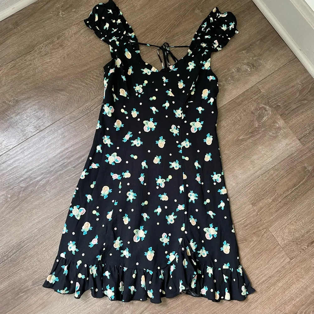 Free People Like A Lady Citrus Printed Mini Dress Black Ruffle ~ Size Small - Image 2