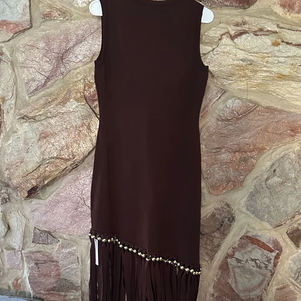 Commense Asymmetric Fringe Metal Bead Detail Maxi Dress size medium Brown - Image 7